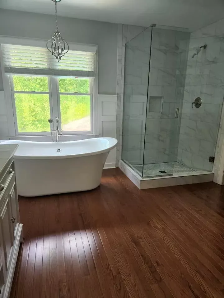 Soaking tub and glass shower left spotless, cleaned by Dust Free By DD in Cleveland, TN